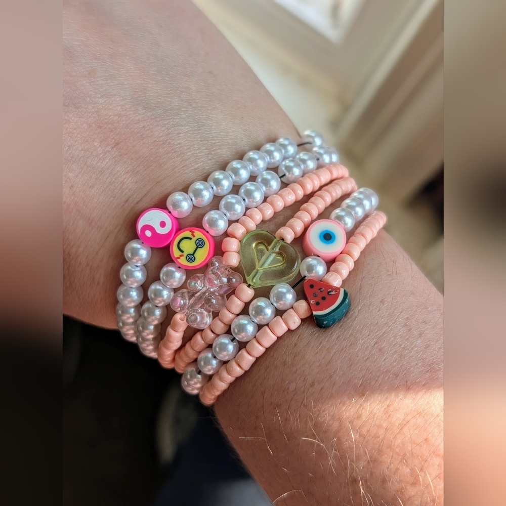 Pink and White Beaded Bracelet Set Of 6